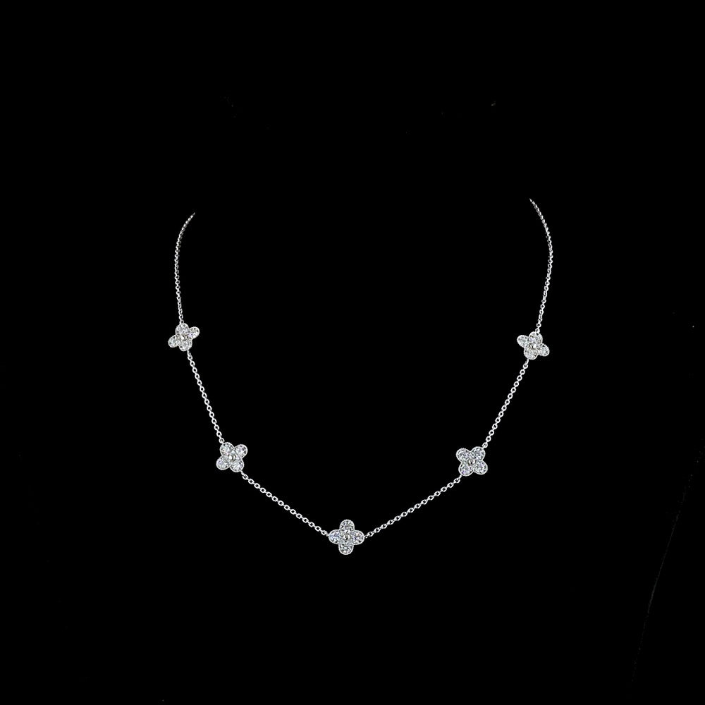 18K White Gold Floral Station Necklace with Bezel and Prong Set Round Lab Diamonds - 1.69 Carat Total Diamond Weight - Covaloro Fine Jewelry