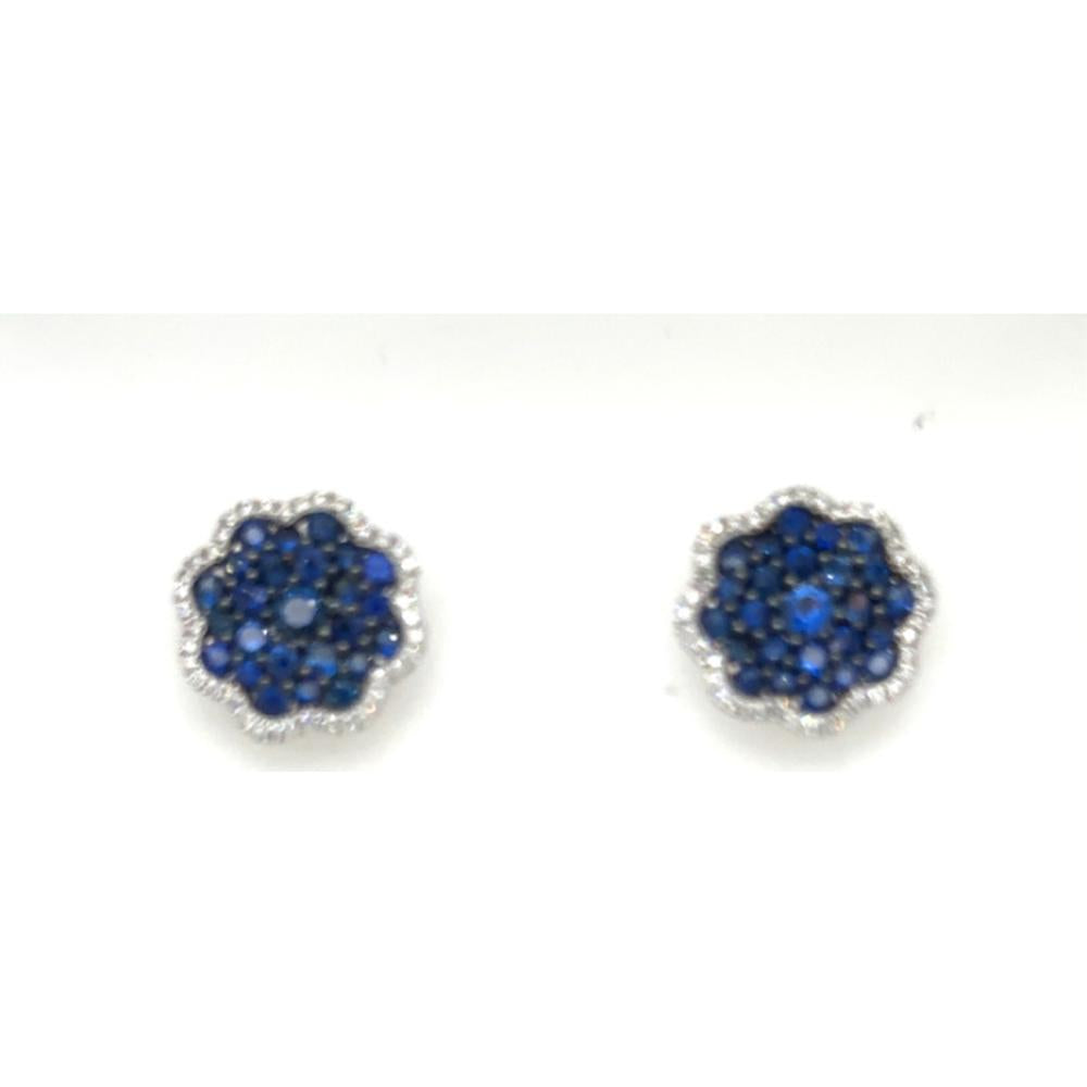 18K White Gold Floral Stud Earrings with Blue Sapphires and Diamond Halo by Afarin
