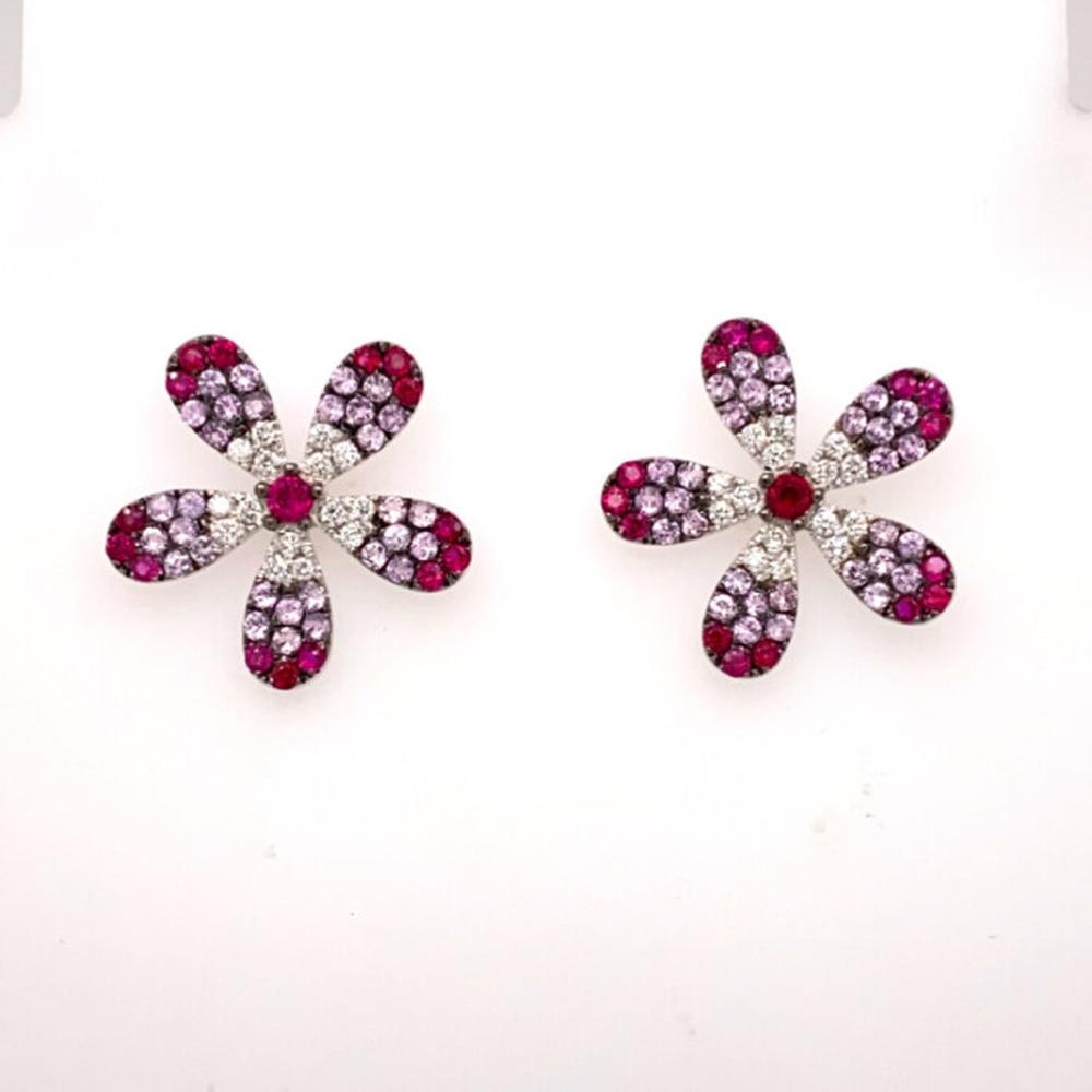18K White Gold Floral Stud Earrings with Diamonds, Rubies and Pink Sapphires by Afarin