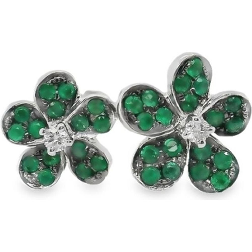 18K White Gold Floral Stud Earrings with Emerald Petals and Diamond Centers by Afarin