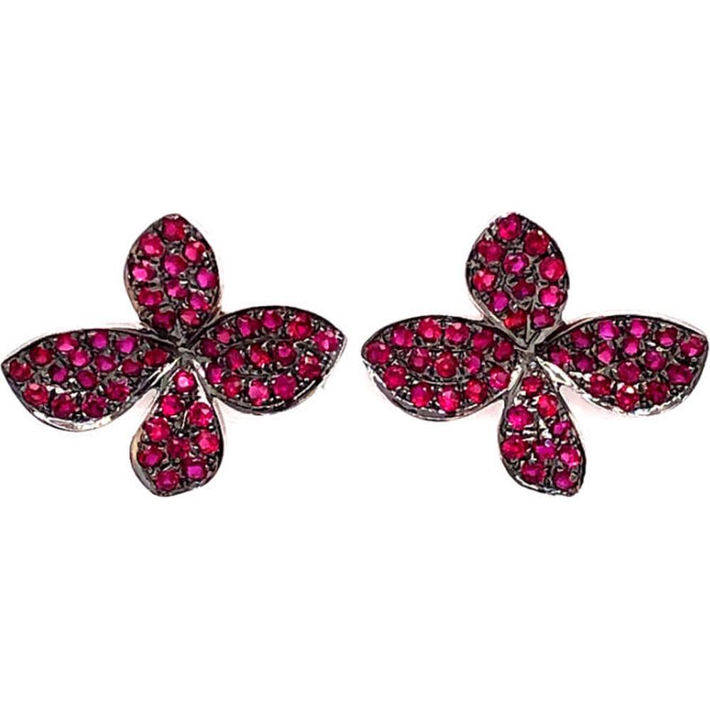 18K White Gold Floral Stud Earrings with Ruby Accents by Afarin