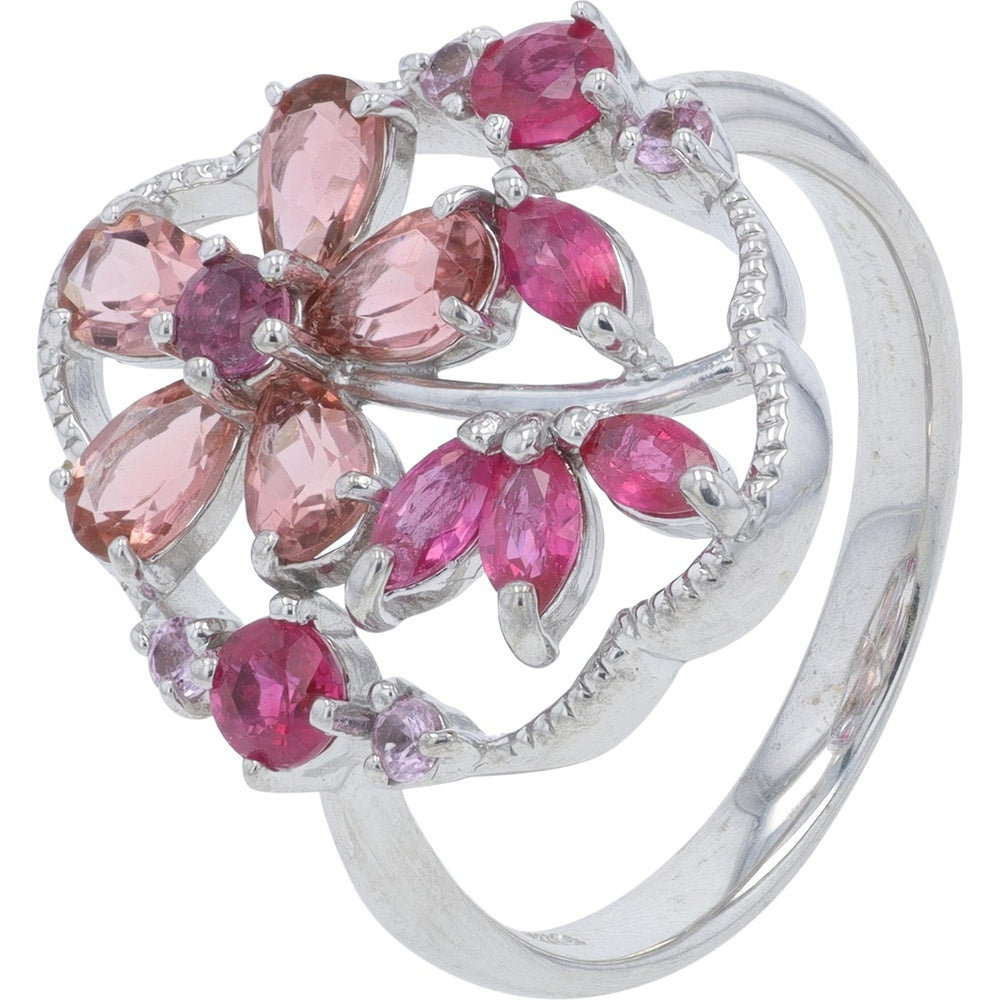 18K White Gold Floral Vine Ring with Pear-Shaped Pink Sapphires, Round Rhodolite, and Ruby Accents - 2.28 Carat Total Gemstone Weight