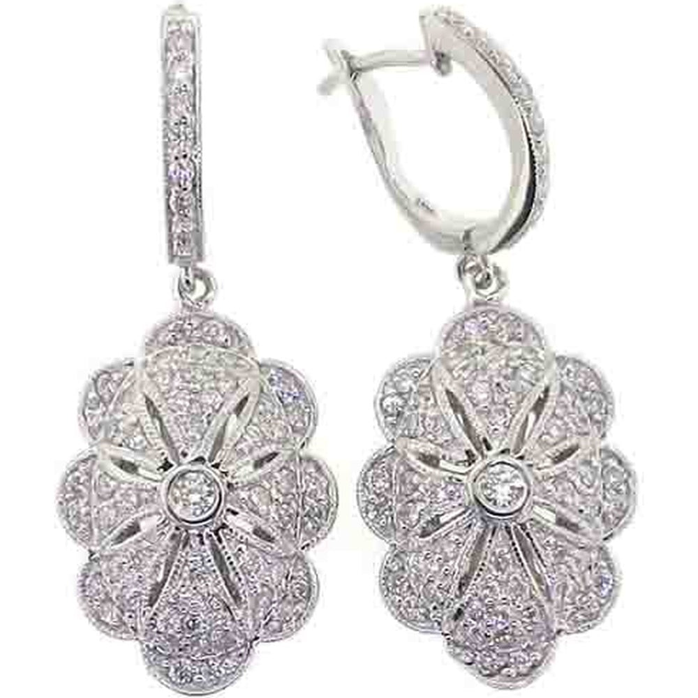 18K White Gold Flower Drop Earrings with Pavé Set Round Diamonds - 1.43 Carat Total Diamond Weight by Auriventus