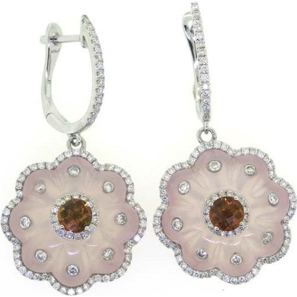 18K White Gold Flower Drop Earrings with Round Citrine and Rose Quartz with 1.30 Carat Total Diamond Weight by Auriventus