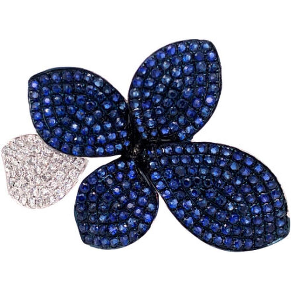 18K White Gold Flower Motif Ring with Blue Sapphires and Diamond Accent by Afarin