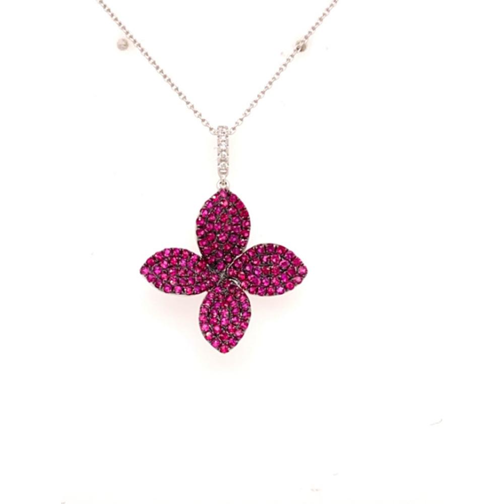18K White Gold Flower Pendant Necklace with Ruby Petals and Diamond Accents by Afarin