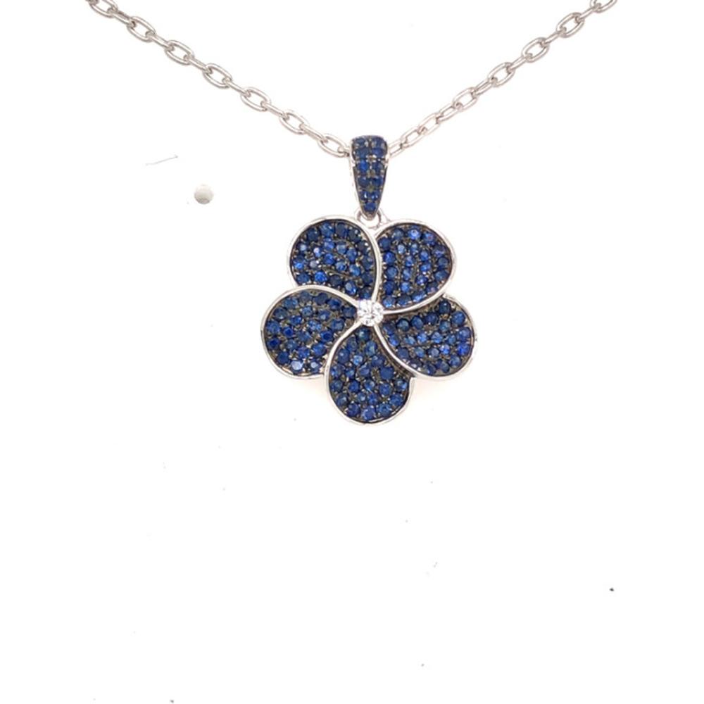 18K White Gold Flower Pendant with Pavé Blue Sapphires and Center Diamond by Afarin