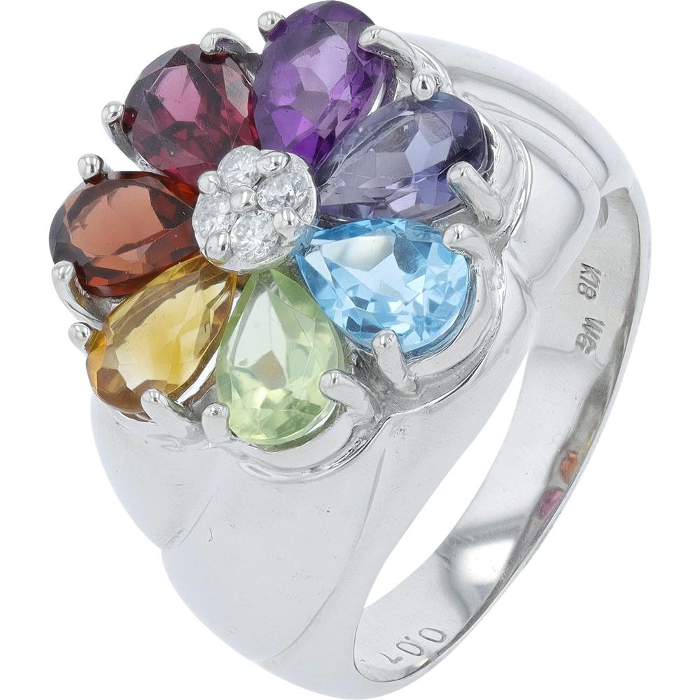 18K White Gold Flower Ring with Amethyst, Blue Topaz, Citrine, Garnet, Rhodolite, Iolite, Peridot, and Diamond Cluster - 2.415 Carat Total Gemstone Weight