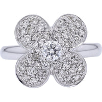 18K White Gold Flower Ring with Pave Set Round Diamonds and Milgrain Edging - 0.93 Carat Total Diamond Weight