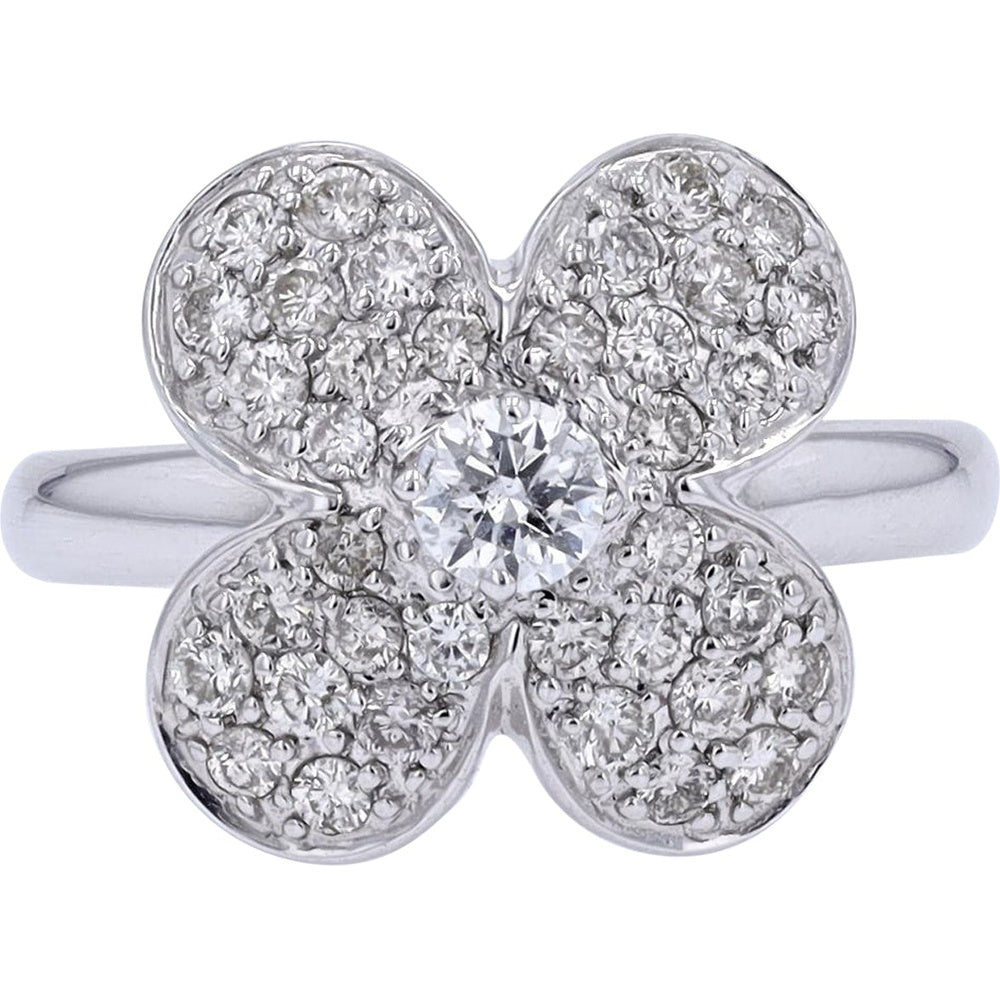 18K White Gold Flower Ring with Pave Set Round Diamonds and Milgrain Edging - 0.93 Carat Total Diamond Weight