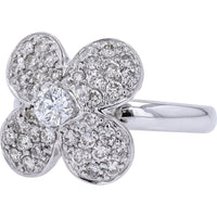 18K White Gold Flower Ring with Pave Set Round Diamonds and Milgrain Edging - 0.93 Carat Total Diamond Weight