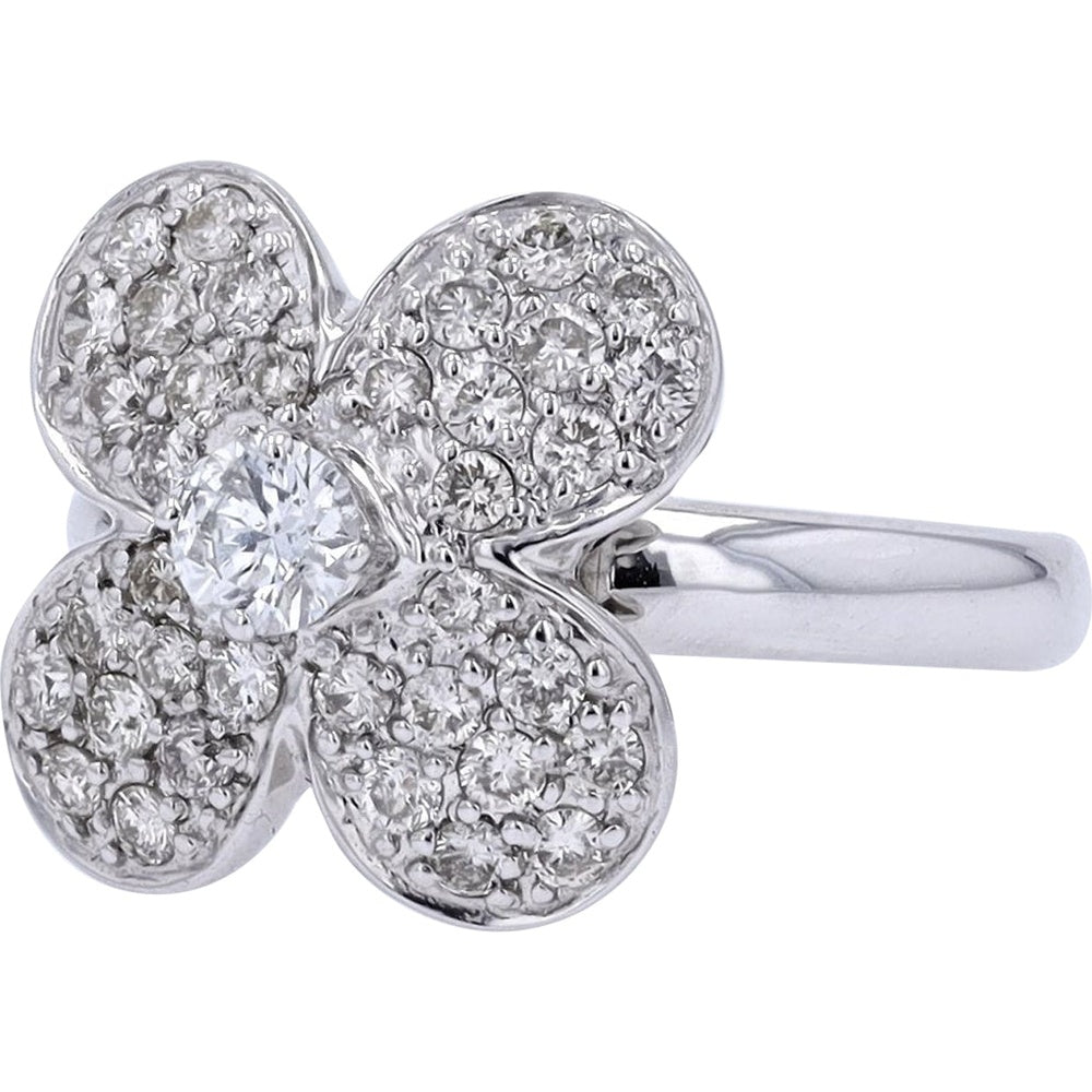 18K White Gold Flower Ring with Pave Set Round Diamonds and Milgrain Edging - 0.93 Carat Total Diamond Weight