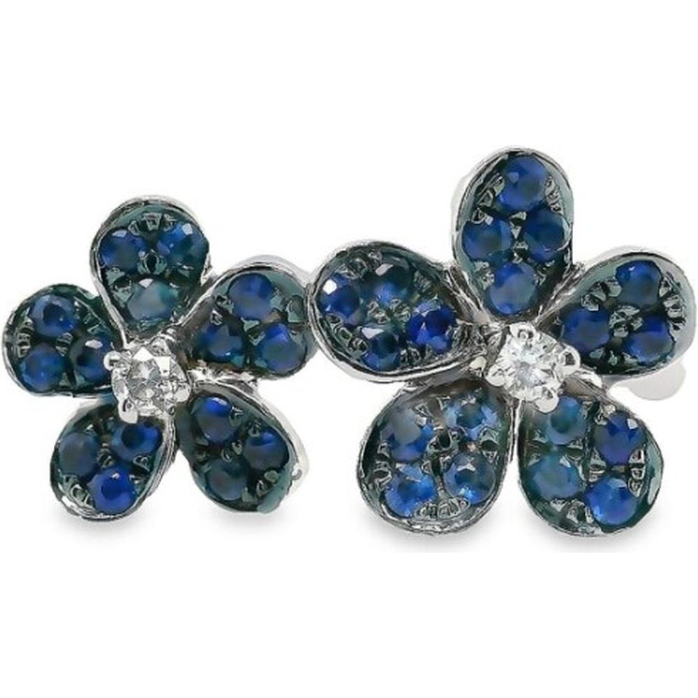 18K White Gold Flower Stud Earrings with Blue Sapphires and Round Diamond Centers by Afarin