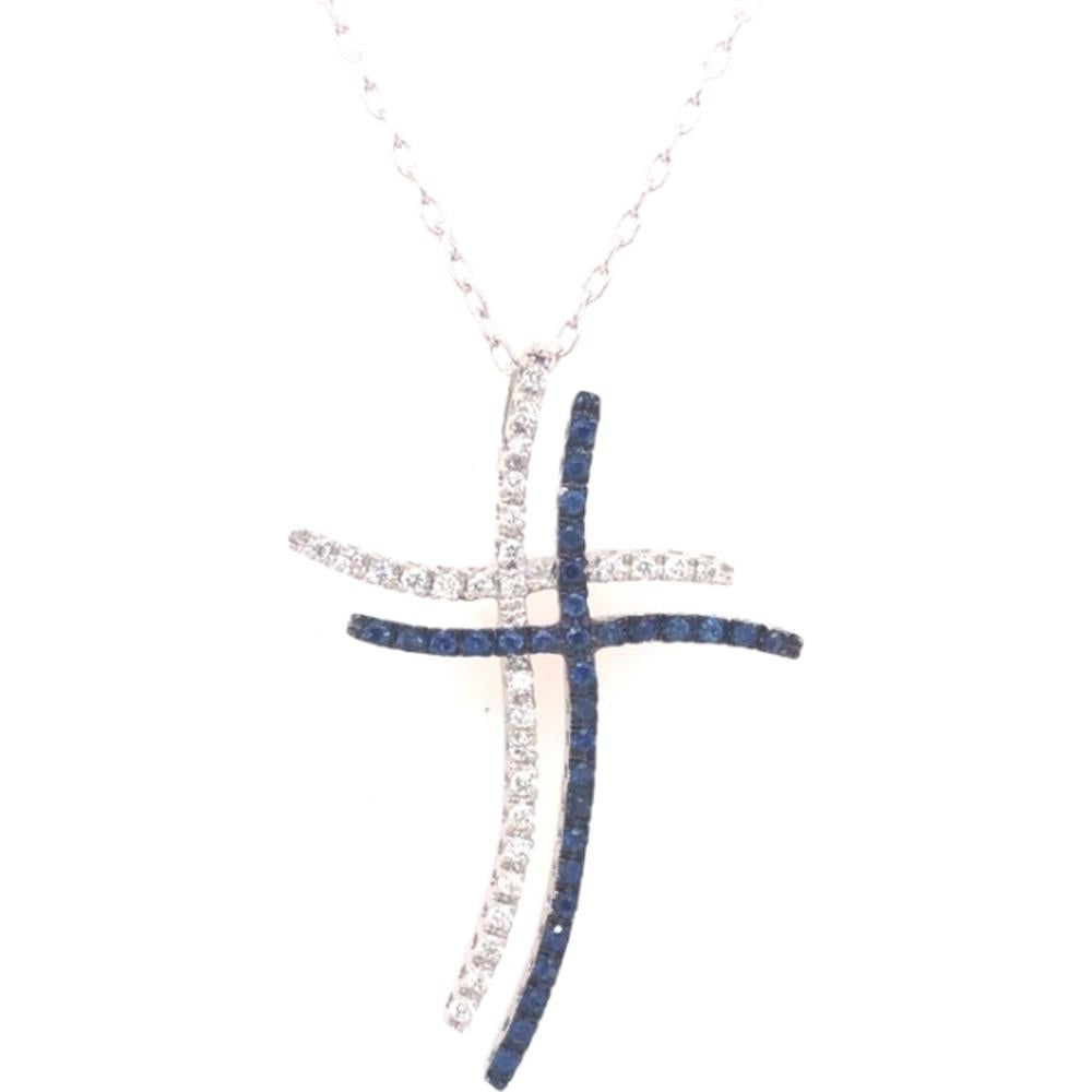 18K White Gold Free-Form Cross Pendant with White Diamonds and Blue Sapphires by Afarin