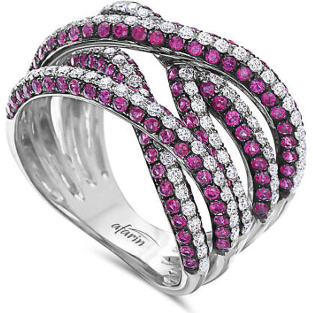 18K White Gold Free Form Crossover Ring with Round Rubies and White Diamonds by Afarin