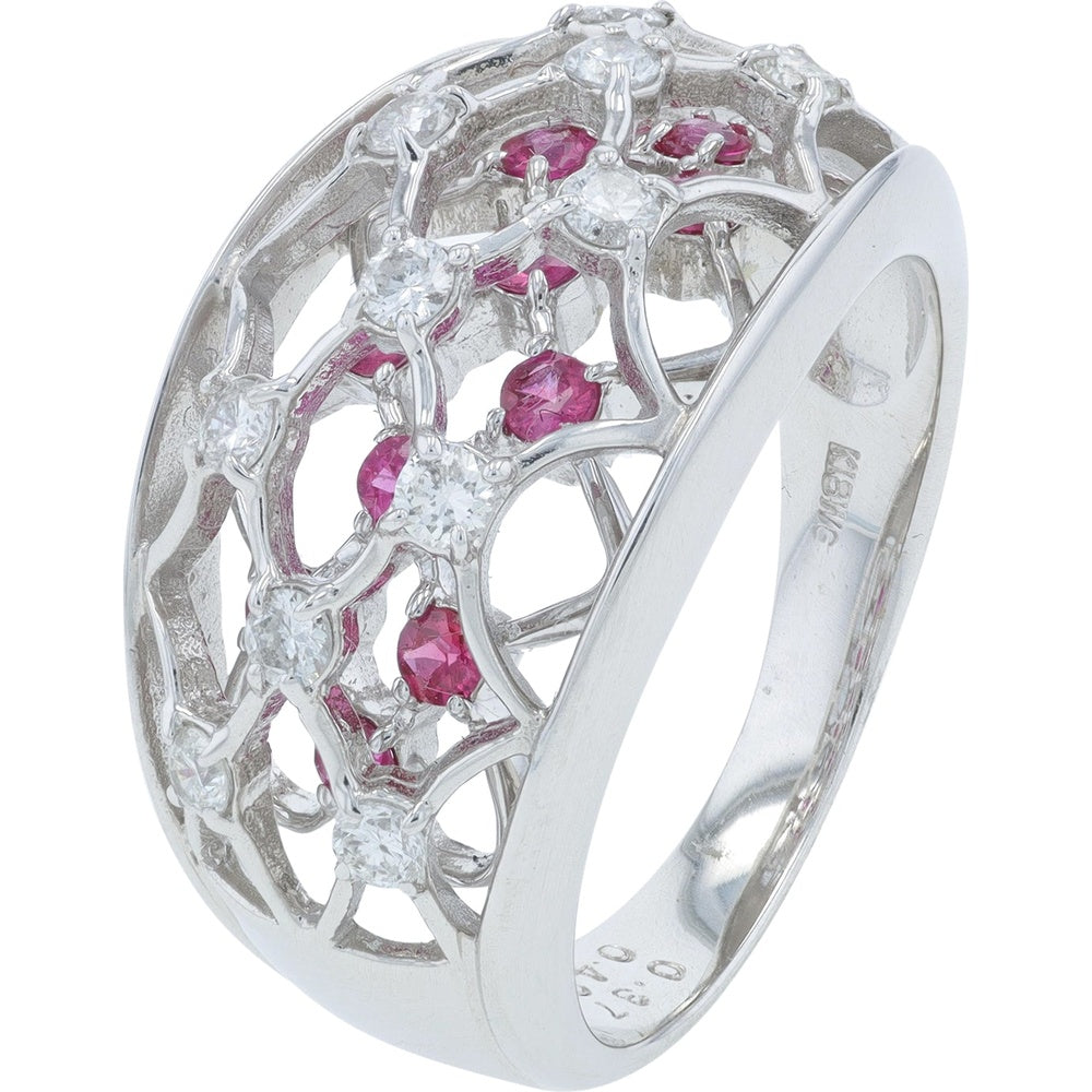 18K White Gold Free-Form Lattice Ring with Prong-Set Round Rubies and Diamonds - 0.40 Carat Ruby and 0.37 Carat Diamond Total Weight