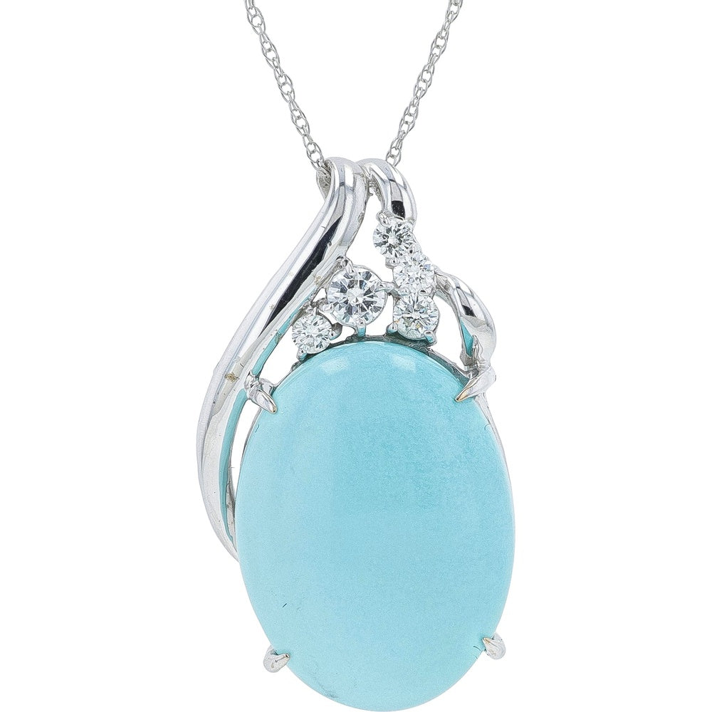 18K White Gold Free Form Pendant with Oval Turquoise Cabochon and Round Diamond Accents - 0.28 Carat Total Diamond Weight