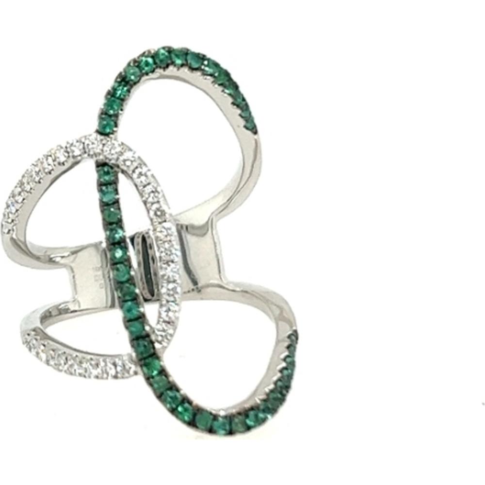 18K White Gold Free Form Ring with Oval Diamond and Emerald Accents by Afarin