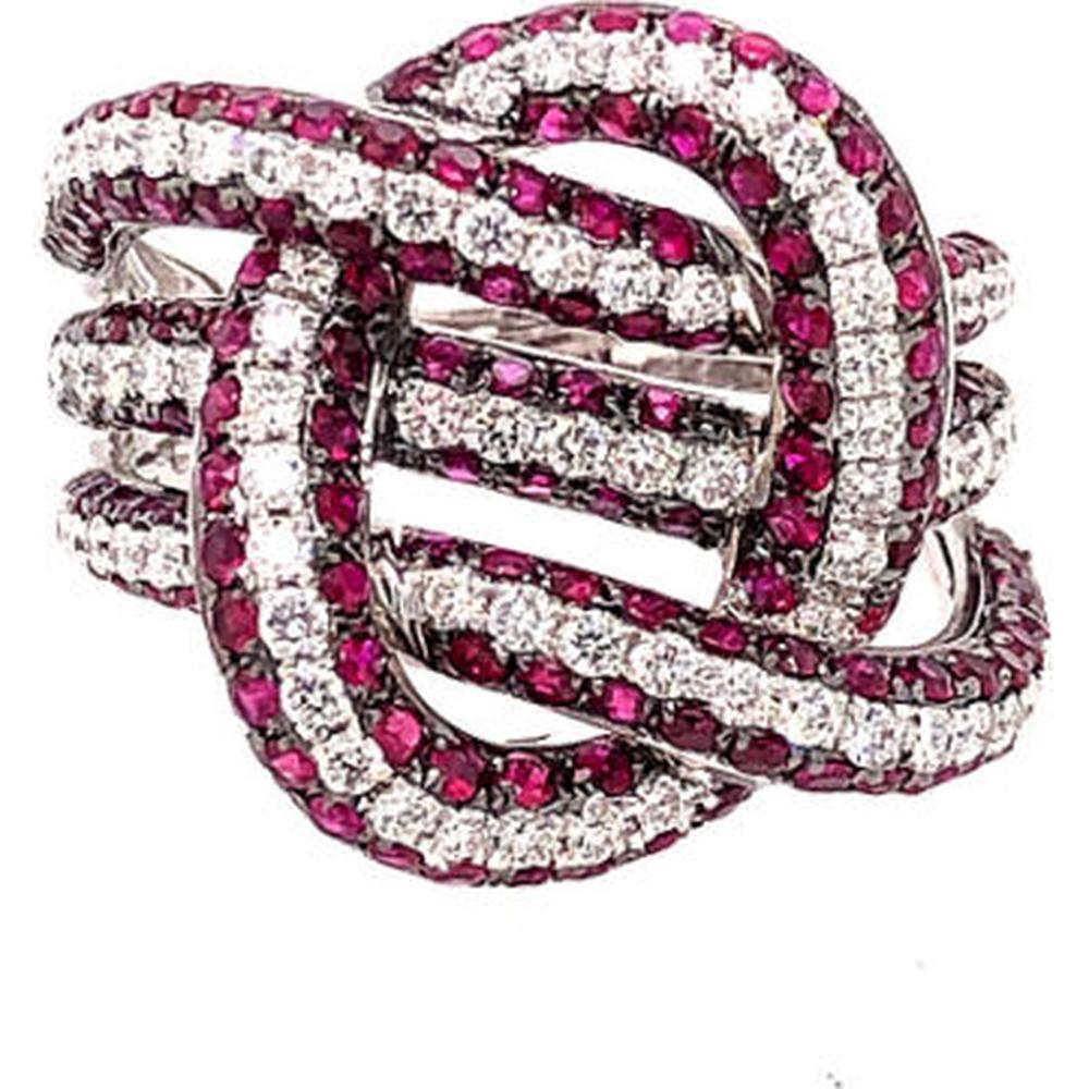 18K White Gold Free Form Ring with Round Diamonds and Rubies by Afarin