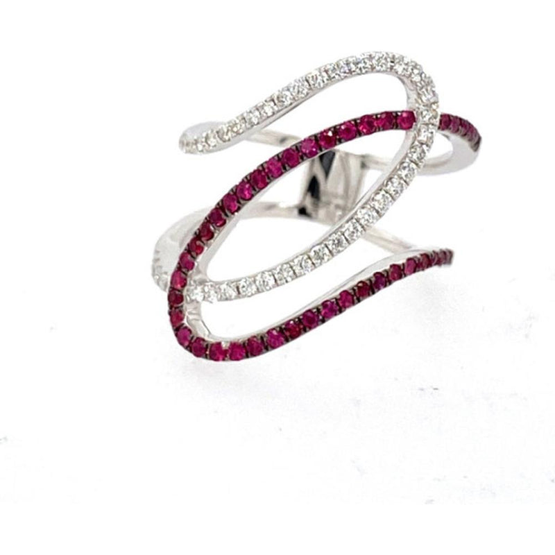 18K White Gold Free Form Ring with Round Rubies and Round Diamond Acce ...