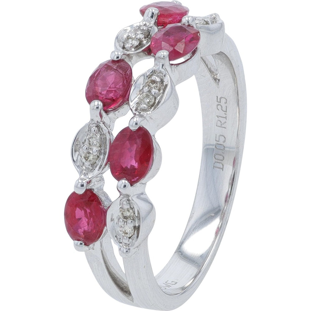 18K White Gold Free-Form Ruby and Diamond Ring with Oval Cut Rubies - 1.25 Carat Total Ruby Weight and 0.05 Carat Total Diamond Weight