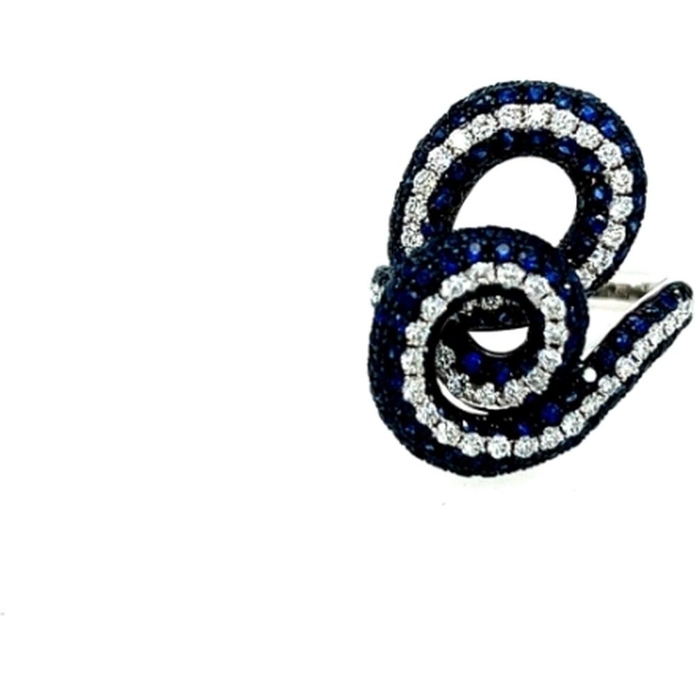 18K White Gold Free Form Swirl Ring with Blue Sapphires and Diamonds by Afarin