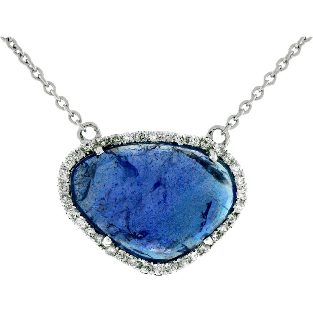 18K White Gold Free-Form Tanzanite and Diamond Halo Pendant Necklace - 5.90 Carat Tanzanite with 0.18 Carat Total Diamond Weight - Royal Jewelry