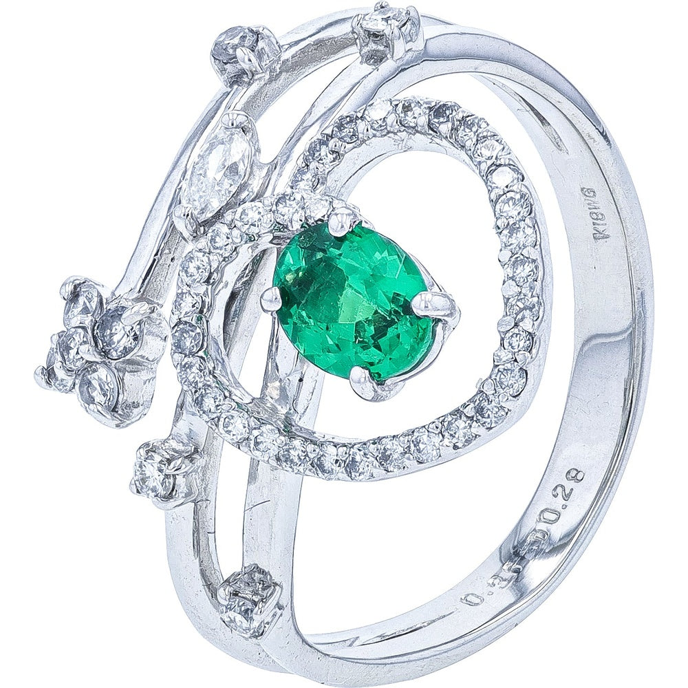18K White Gold Free Form Vine Ring with Oval Tsavorite Garnet and Diamond Accents - 0.36 Carat Tsavorite and 0.28 Carat Total Diamond Weight