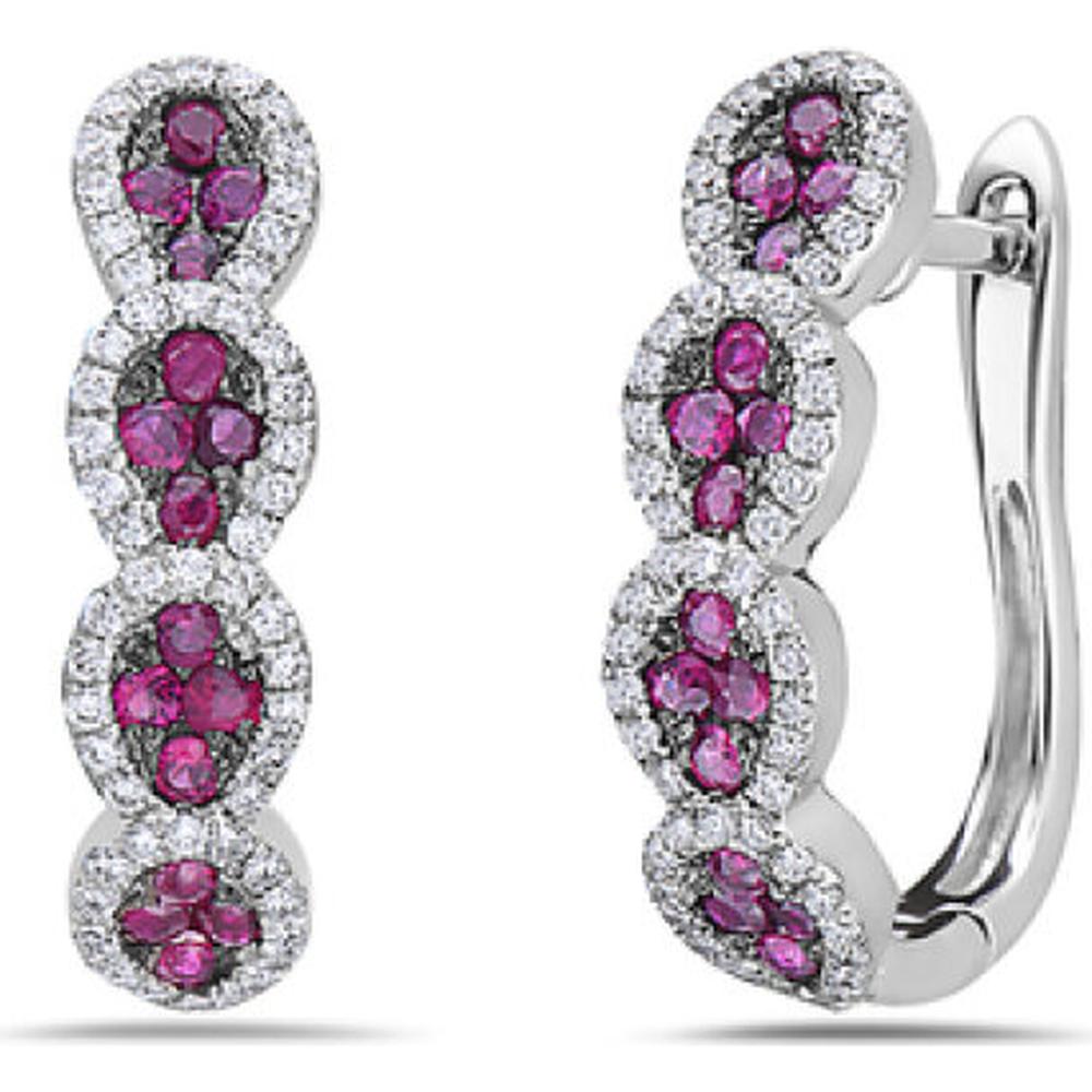 18K White Gold Front-Facing Huggie Earrings with Ruby Floral Clusters and Diamond Halos by Afarin