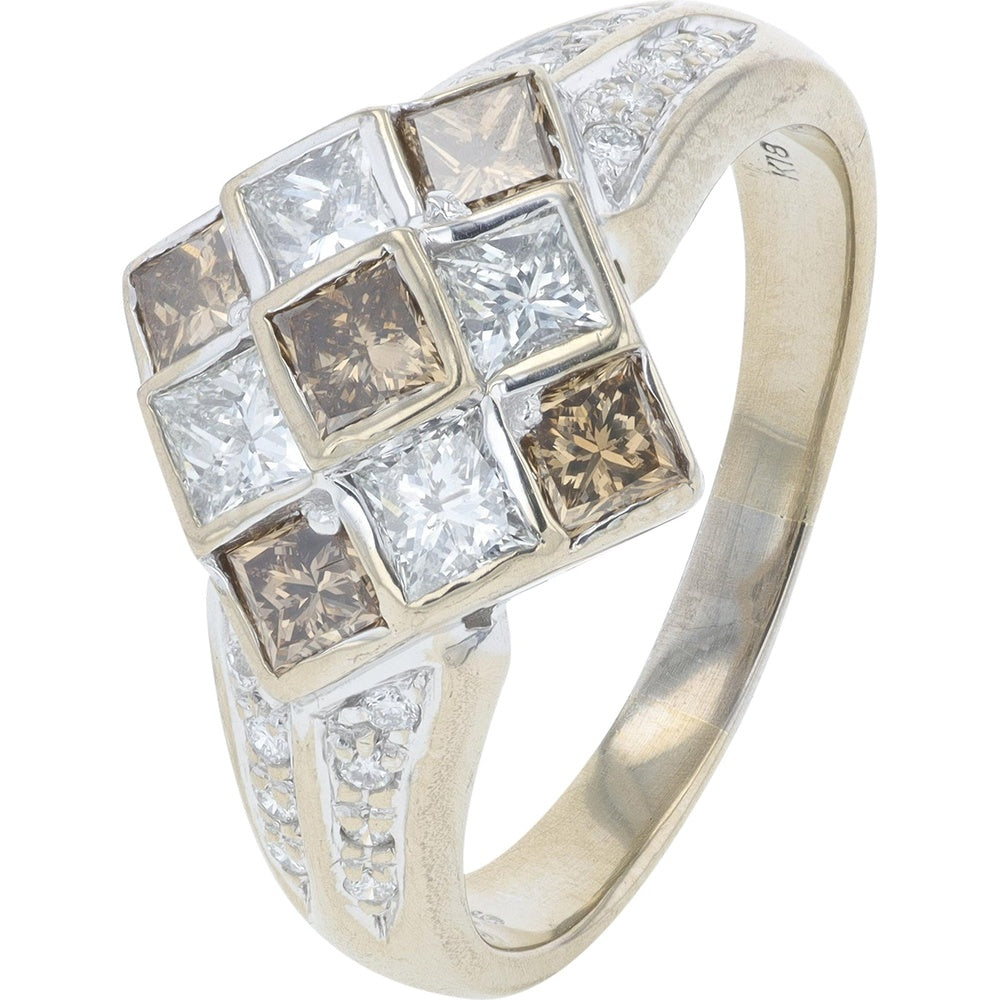 18K White Gold Geometric Cluster Ring with Square-Cut White and Brown Diamonds - 1.76 Carat Total Diamond Weight