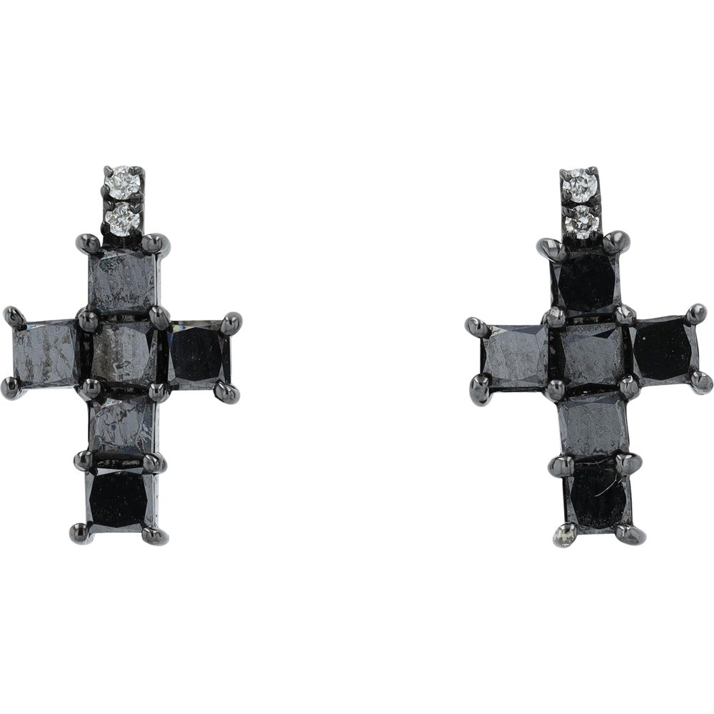 18K White Gold Geometric Cross Earrings with Prong-Set Square Black and Round White Diamonds - 1.72 Carat Total Diamond Weight