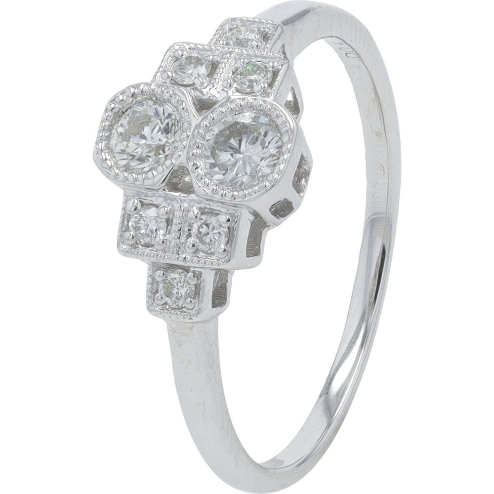 18K White Gold Geometric Diamond Cluster Ring with Milgrain Detail - 0.40 Carat Total Diamond Weight