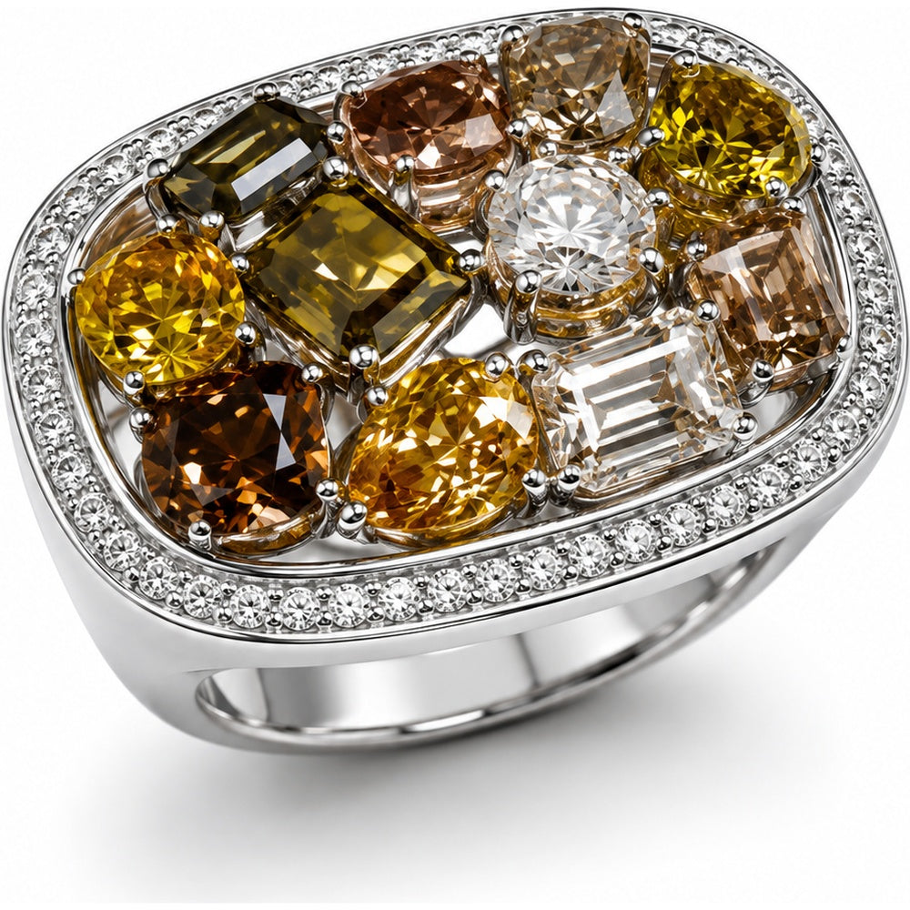 18K White Gold Geometric Diamond Mosaic Fashion Ring with Fancy Yellow and Brown Diamonds - 3.98 Carat Fancy Diamond Weight and 0.30 Carat White Diamond Weight by Auriventus