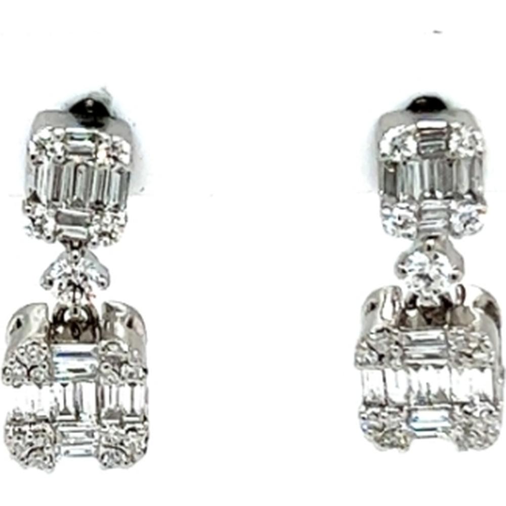 18K White Gold Geometric Drop Earrings with Baguette and Round Diamonds by Afarin