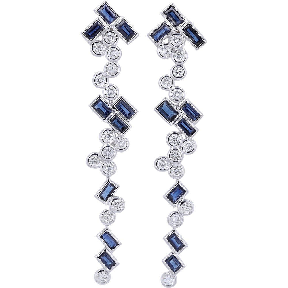 18K White Gold Geometric Drop Earrings with Baguette Sapphires and Round Diamonds - 4.25 Carat Total Sapphire Weight and 2.20 Carat Total Diamond Weight
