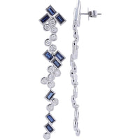 18K White Gold Geometric Drop Earrings with Baguette Sapphires and Round Diamonds - 4.25 Carat Total Sapphire Weight and 2.20 Carat Total Diamond Weight