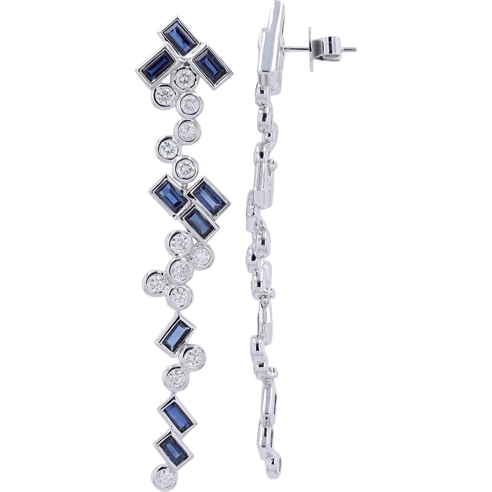 18K White Gold Geometric Drop Earrings with Baguette Sapphires and Round Diamonds - 4.25 Carat Total Sapphire Weight and 2.20 Carat Total Diamond Weight