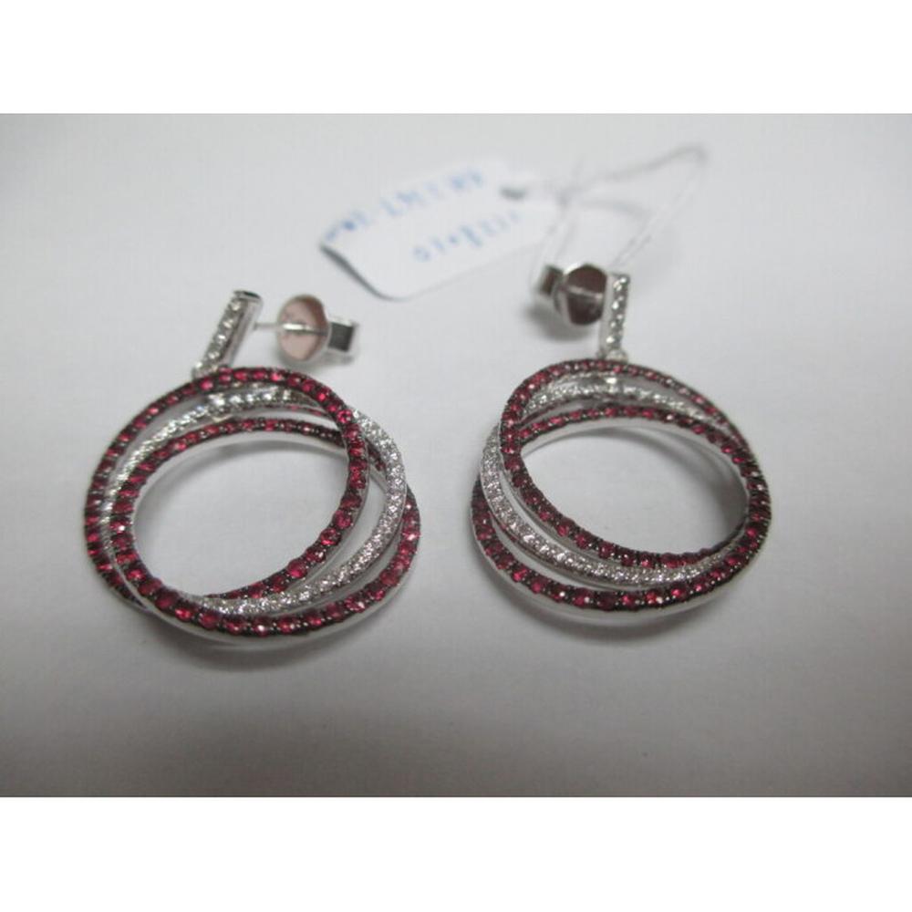 18K White Gold Geometric Drop Earrings with Diamonds and Rubies by Afarin