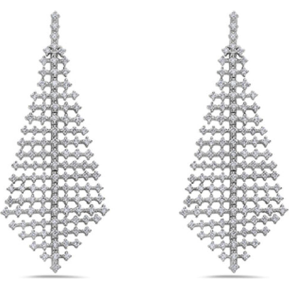 18K White Gold Geometric Drop Earrings with Openwork Diamond Lattice Design by Afarin