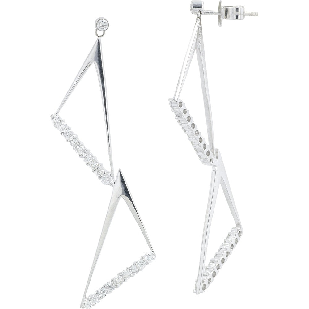 18K White Gold Geometric Drop Earrings with Prong-Set Round Diamonds - 1.50 Carat Total Diamond Weight