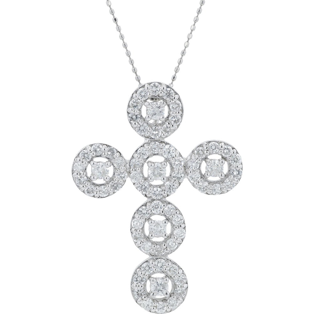 18K White Gold Geometric Halo Cross Pendant with Square and Round Pavé-Set Diamonds - 2.00 Carat Total Diamond Weight