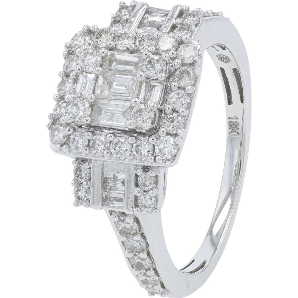 18K White Gold Geometric Halo Ring with Baguette and Round Diamonds - 1.10 Carat Total Diamond Weight