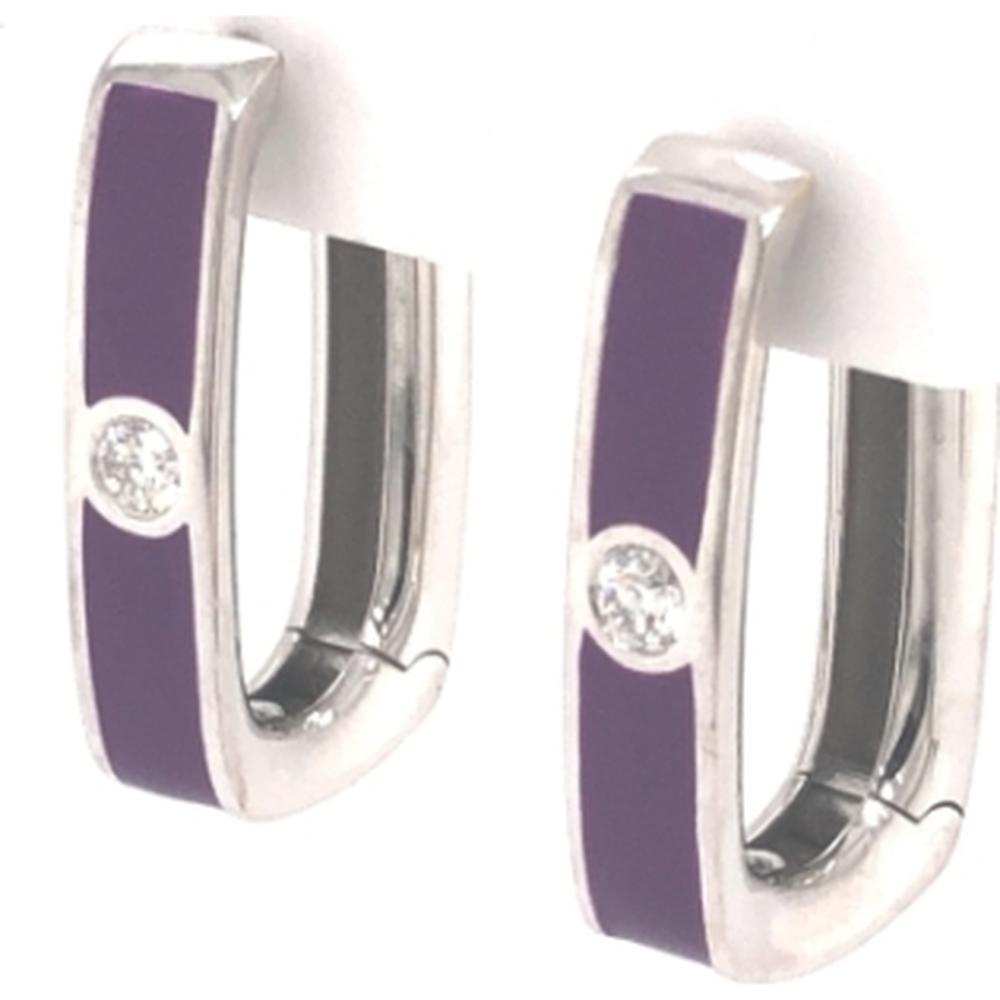 18K White Gold Geometric Huggie Earrings with Purple Enamel and Round Diamonds by Afarin