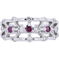 18K White Gold Geometric Openwork Ring with Round Ruby and Sparkling Diamond Accents - 0.13 Carat Ruby and 0.40 Carat Total Diamond Weight