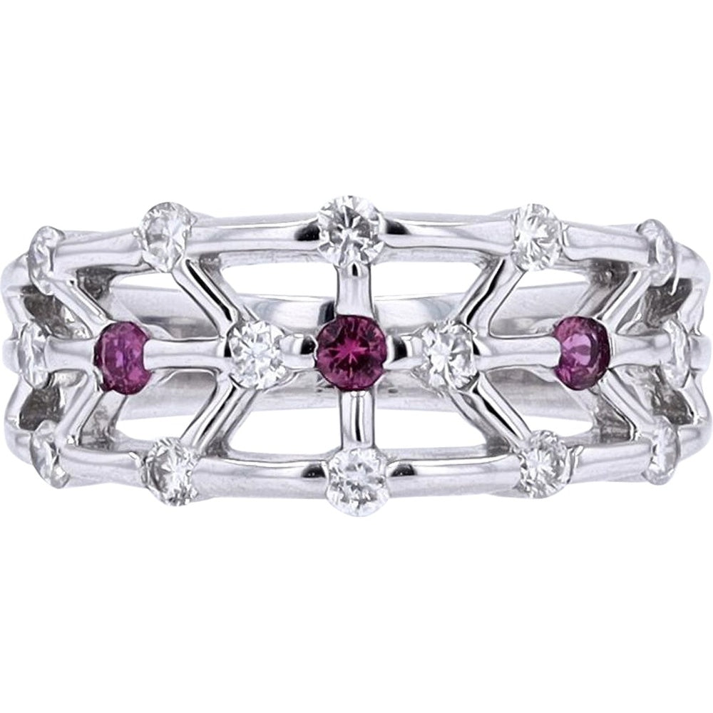 18K White Gold Geometric Openwork Ring with Round Ruby and Sparkling Diamond Accents - 0.13 Carat Ruby and 0.40 Carat Total Diamond Weight