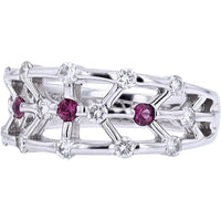 18K White Gold Geometric Openwork Ring with Round Ruby and Sparkling Diamond Accents - 0.13 Carat Ruby and 0.40 Carat Total Diamond Weight