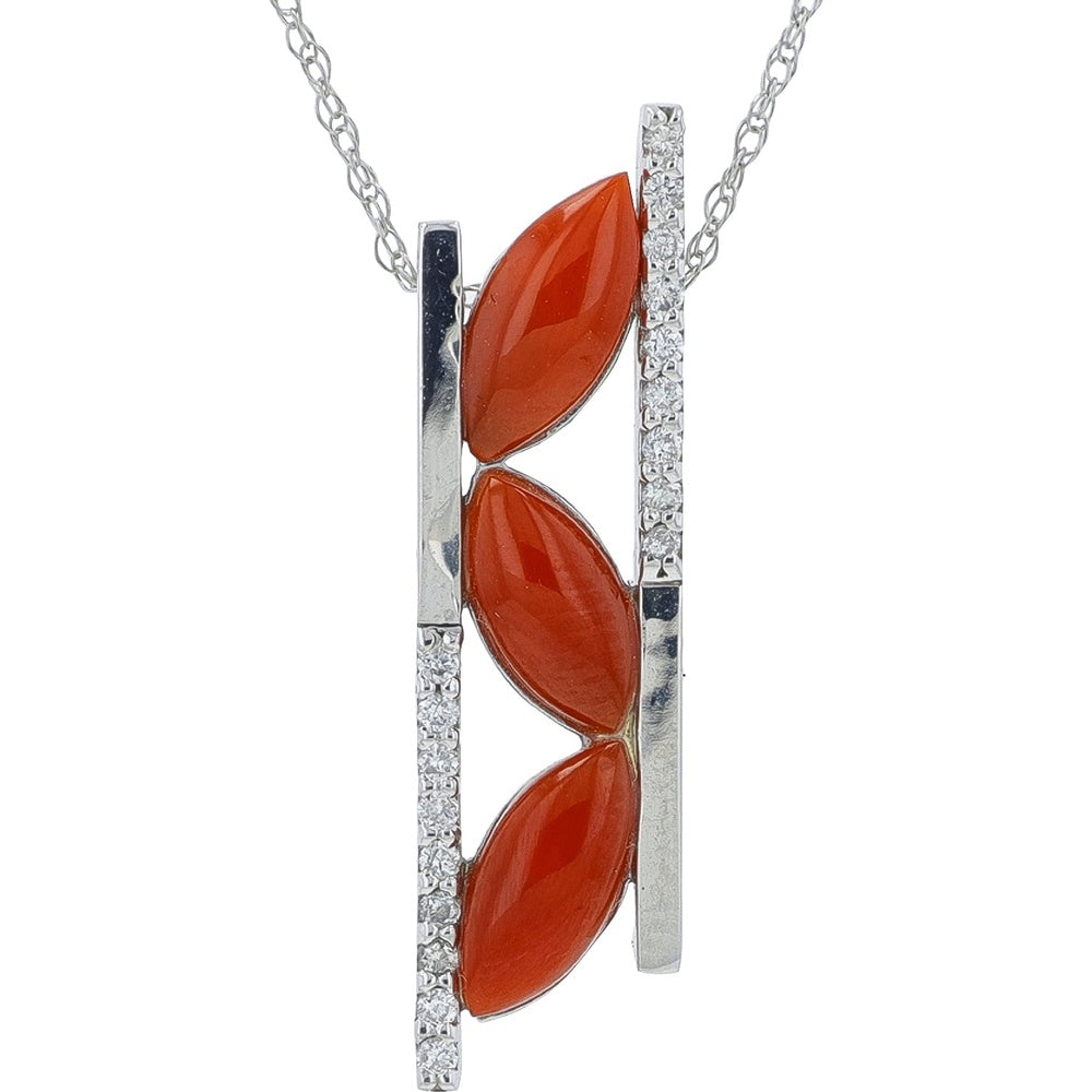 18K White Gold Geometric Pendant Necklace with Marquise Coral Gemstones and Diamond Accents - 0.11 Carat Total Diamond Weight
