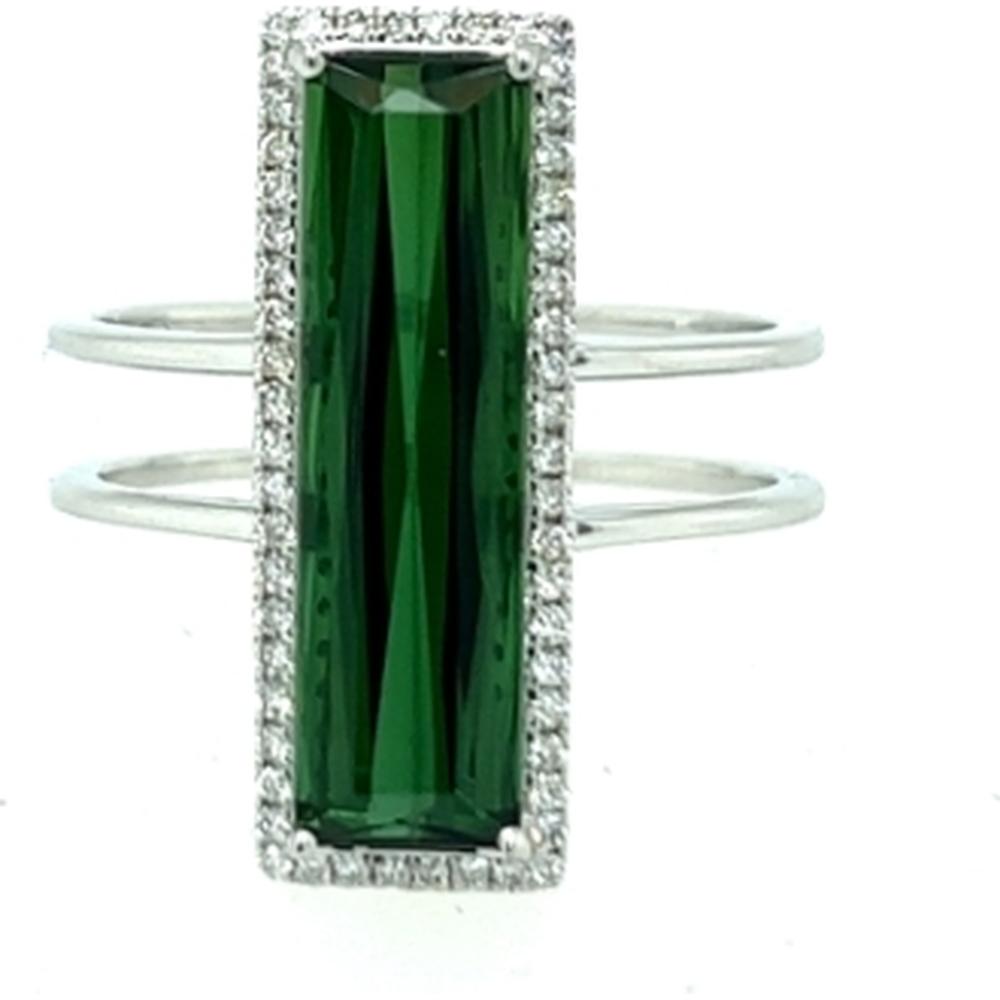 18K White Gold Geometric Ring with Rectangular Green Tourmaline and Diamond Halo by Afarin