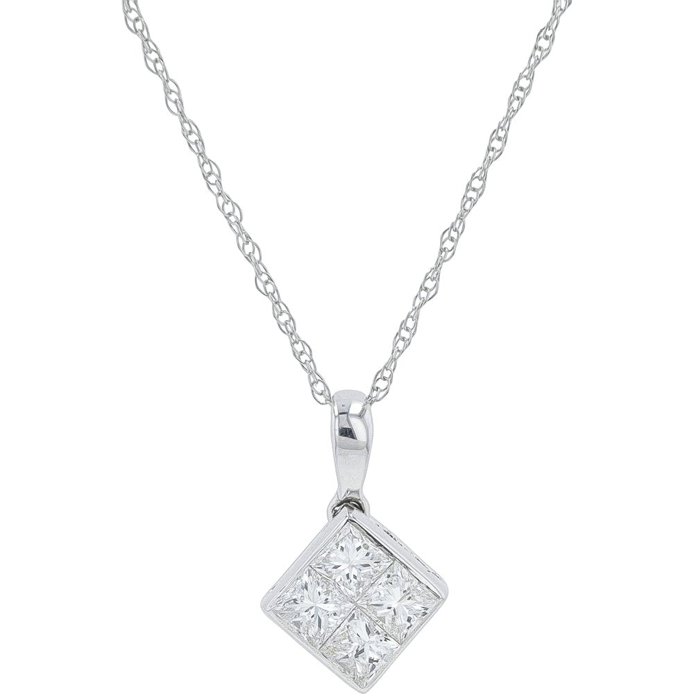 18K White Gold Geometric Square Pendant Necklace with Princess-Cut Diamond Cluster - 0.50 Carat Total Diamond Weight