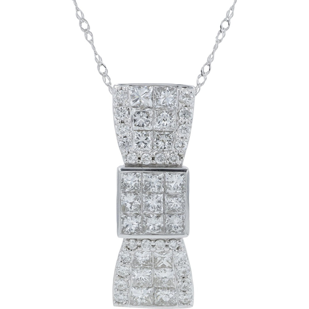 18K White Gold Geometric Tiered Pendant Necklace with Square and Round Diamonds - 1.30 Carat Total Diamond Weight